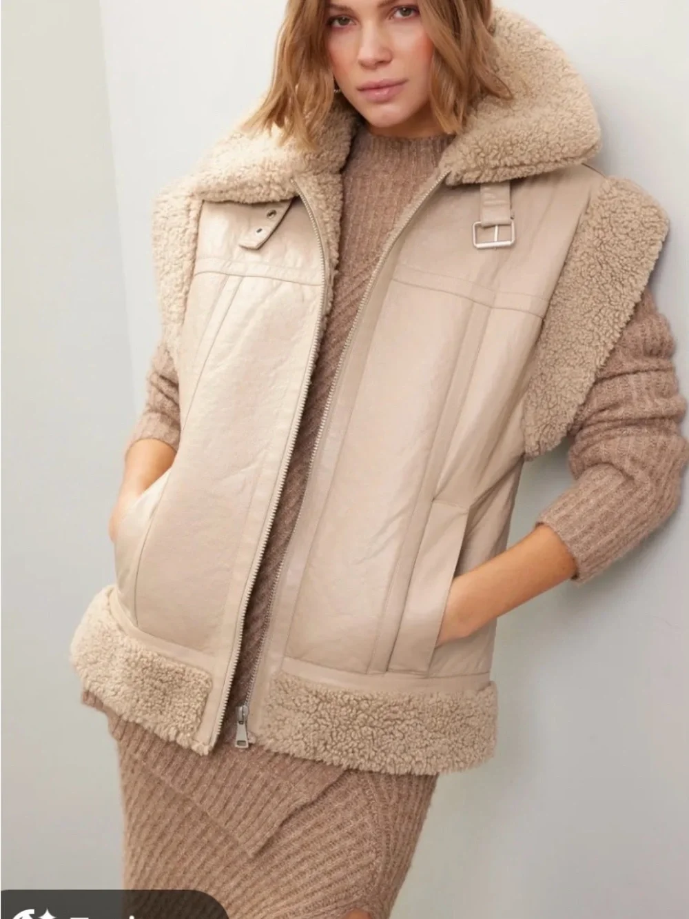 Apparis Taupe Shearling Leather Jacket Vest